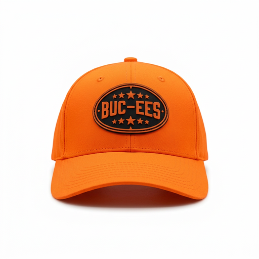Buc-ee’s Orange Hunter Hat, a blaze orange baseball cap with black oval logo patch and star accents, front view.