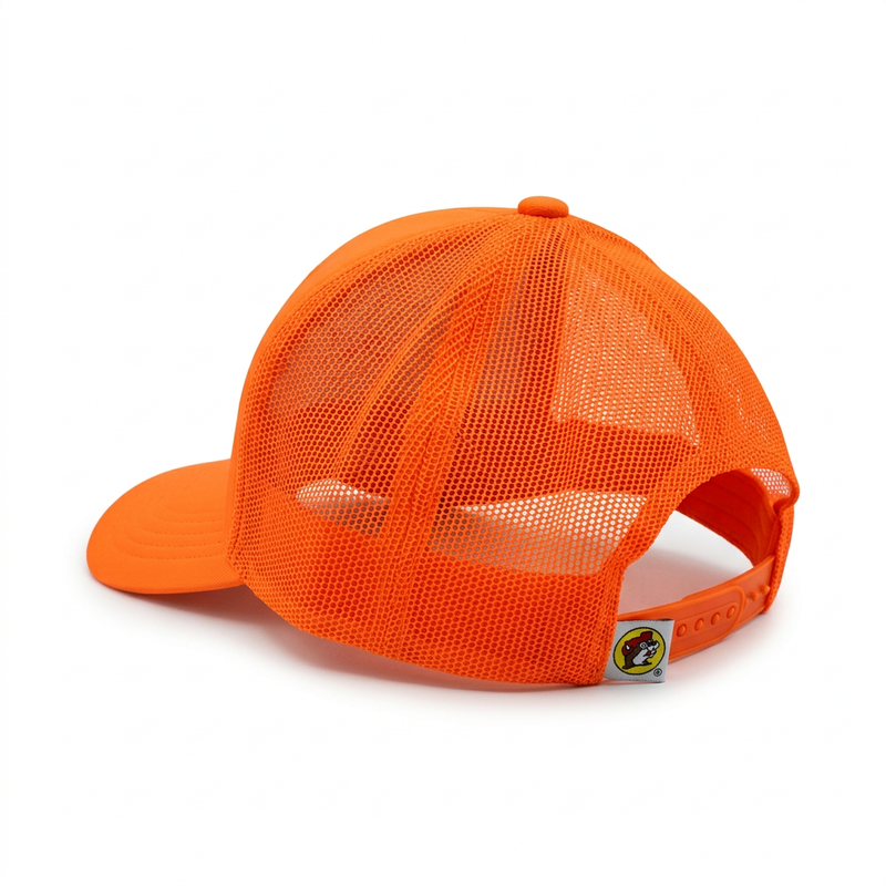 Back of Buc-ee’s Orange Hunter Hat showing orange mesh panels, snapback strap, and woven beaver logo tag