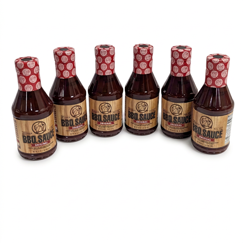 Buc-ee’s Original BBQ Sauce, a case of 6 bottles with wood-grain labels and red caps, for cookouts and catering