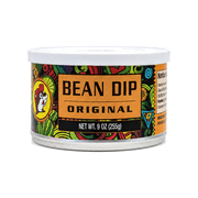 9 oz can of Buc-ee's Original Bean Dip with orange and colorful label, on white