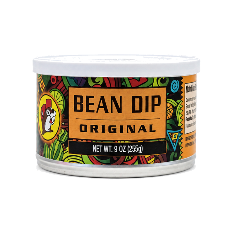 9 oz can of Buc-ee's Original Bean Dip with orange and colorful label, on white