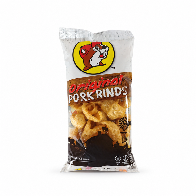 White bag of Buc-ee's Original Pork Rinds with clear window