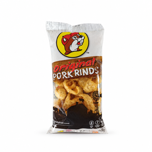 Buc-ee's Original Pork Rinds in a white bag with clear window showing crispy, puffy rinds, a gluten-free Texas snack