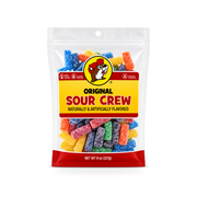 Buc-ee's Original Sour Crew rainbow sour candy pieces in an 8 oz clear bag with no high fructose corn syrup