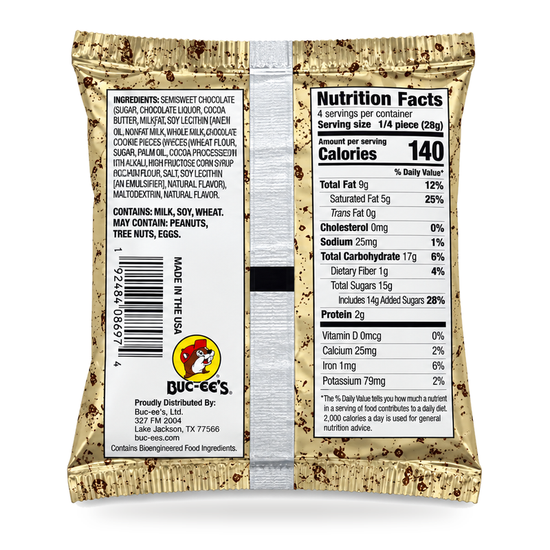 Back of Buc-ee’s OverBite Dark Chocolate Cookies & Cream showing nutrition facts, ingredients, and allergens: milk, soy, wheat