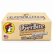 Buc-ee's OverBite Dark Chocolate Cookies & Cream 12-count box shown straight on against a white background, with the cream-colored box, yellow beaver logo, "1/4 Pound of Goodness" banner and "Take A Big Bite!" slogan.
