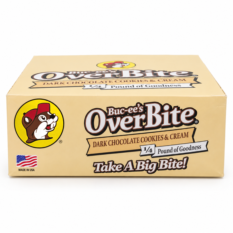 Buc-ee's OverBite Dark Chocolate Cookies & Cream 12-count box shown straight on against a white background, with the cream-colored box, yellow beaver logo, "1/4 Pound of Goodness" banner and "Take A Big Bite!" slogan.
