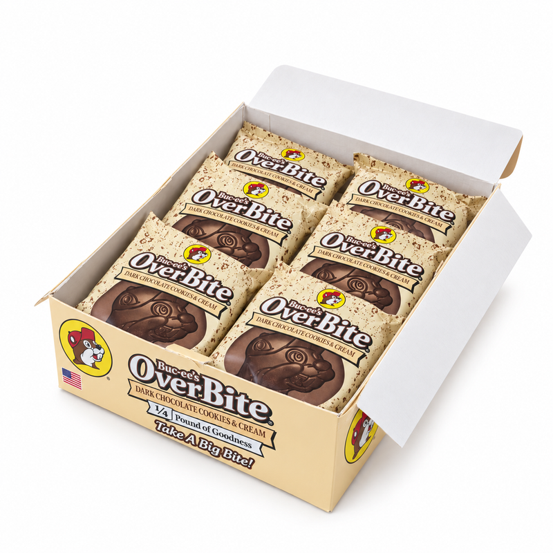 Open Buc-ee's OverBite Dark Chocolate Cookies & Cream display box at a three-quarter angle on a white background, showing the wrapped chocolate-coated cookies inside and the branded front and side panels.
