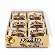 Open Buc-ee's OverBite Dark Chocolate Cookies & Cream 12-count box shown straight on against a white background, with the cream-colored front panel and six individually wrapped cookies in speckled cream wrappers visible inside.
