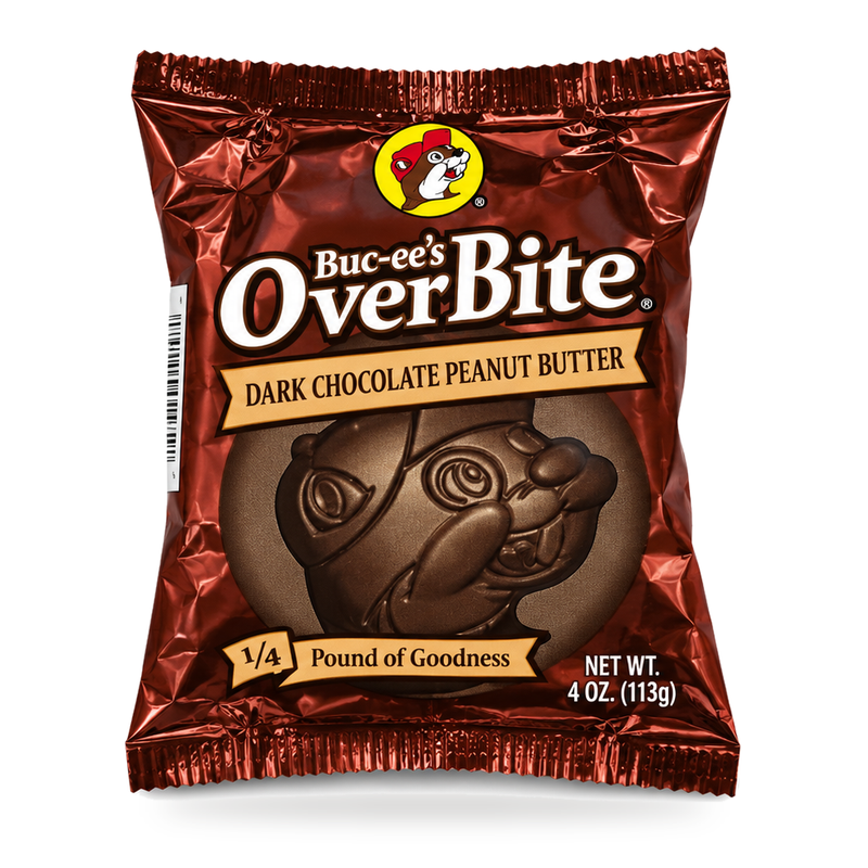 Buc-ee’s OverBite Dark Chocolate Peanut Butter, a 4 oz beaver-shaped candy in a dark red foil wrapper, great for gifting