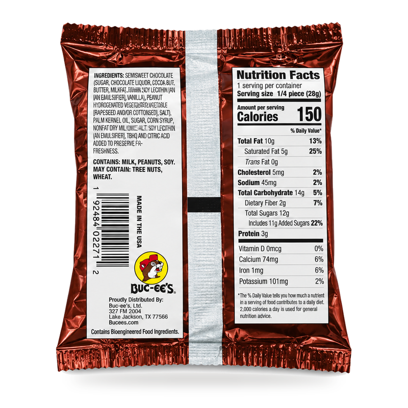 Back of Buc-ee’s OverBite Dark Chocolate Peanut Butter showing nutrition facts, ingredients, and allergens: milk, peanuts, soy