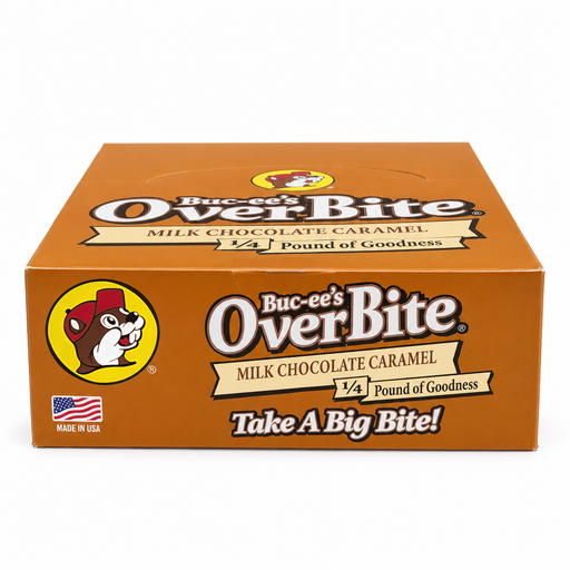 Buc-ee's OverBite Milk Chocolate Caramel 12-count box shown straight on against a white background, with the orange box, yellow beaver logo, "1/4 Pound of Goodness" banner and "Take A Big Bite!" slogan.
