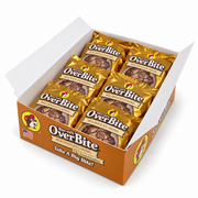 Open orange Buc-ee's OverBite Milk Chocolate Caramel display box at a three-quarter angle on a white background, showing the gold-wrapped cookies inside and the branded front and side panels.