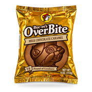 Buc-ee’s OverBite Milk Chocolate Caramel, a 4 oz beaver-shaped candy in a gold foil wrapper, great for gifting