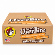 Buc-ee's OverBite Milk Chocolate Peanut Butter 12-count box shown straight on against a white background, with the tan box, yellow beaver logo, orange "1/4 Pound of Goodness" banner and "Take A Big Bite!" slogan.
