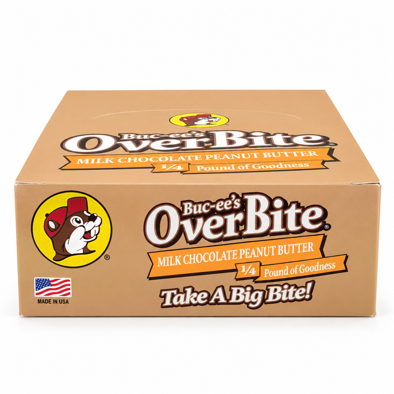 Buc-ee's OverBite Milk Chocolate Peanut Butter 12-count box shown straight on against a white background, with the tan box, yellow beaver logo, orange "1/4 Pound of Goodness" banner and "Take A Big Bite!" slogan.
