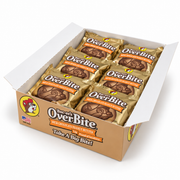 Open tan Buc-ee's OverBite Milk Chocolate Peanut Butter display box at a three-quarter angle on a white background, showing the gold-wrapped cookies inside and the branded front and side panels.