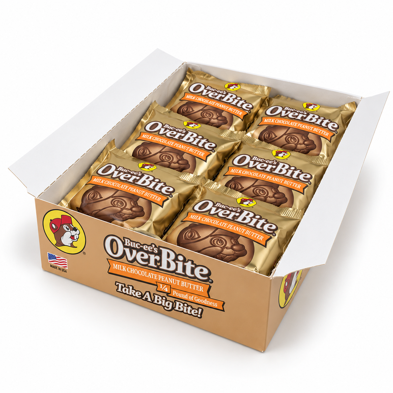 Open tan Buc-ee's OverBite Milk Chocolate Peanut Butter display box at a three-quarter angle on a white background, showing the gold-wrapped cookies inside and the branded front and side panels.
