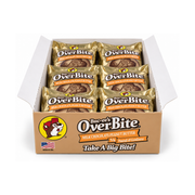 Open Buc-ee's OverBite Milk Chocolate Peanut Butter 12-count box shown straight on against a white background, with the tan front panel and six individually wrapped cookies in pale gold foil wrappers visible inside.
