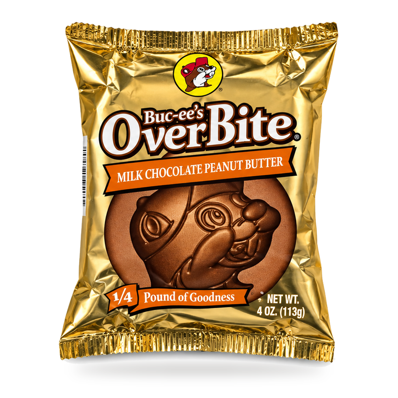 Buc-ee’s OverBite Milk Chocolate Peanut Butter, a 4 oz beaver-shaped candy in a gold foil wrapper with orange label