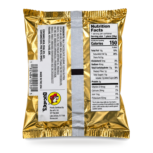 Back of Buc-ee’s OverBite Milk Chocolate Peanut Butter showing the nutrition facts panel and ingredients list