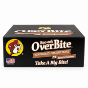 Buc-ee's OverBite Milk Chocolate - Chocolate Truffle 12-count box shown straight on against a white background, with the black box, yellow beaver logo, "1/4 Pound of Goodness" banner and "Take A Big Bite!" slogan.