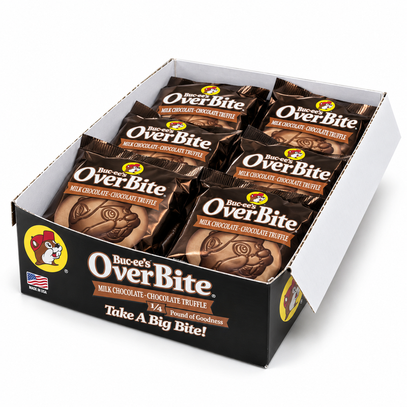 Open black Buc-ee's OverBite Milk Chocolate - Chocolate Truffle display box at a three-quarter angle on a white background, showing the wrapped milk chocolate cookies inside and the branded front and side panels.