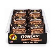 Open Buc-ee's OverBite Milk Chocolate - Chocolate Truffle 12-count box shown straight on against a white background, with the black front panel and six individually wrapped cookies in glossy dark brown wrappers visible inside.
