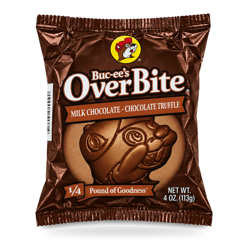 Buc-ee’s OverBite Milk Chocolate Chocolate Truffle, a 4 oz beaver-shaped candy in a brown foil wrapper