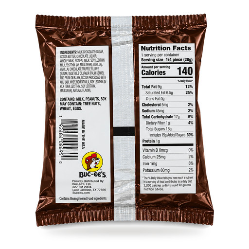 Back of Buc-ee’s OverBite Milk Chocolate Truffle showing nutrition facts, ingredients, and allergens: milk, peanuts, soy