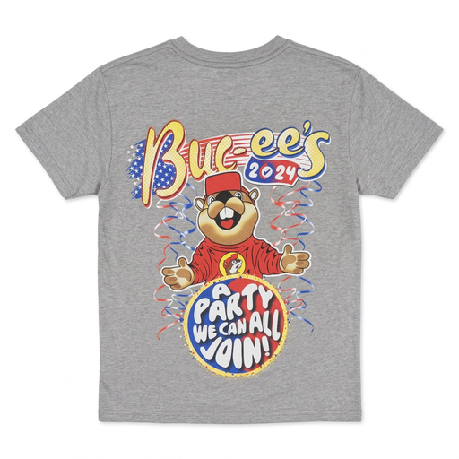 Back of Buc-ee’s Party 2024 Election Shirt with cheering beaver, streamers, and A Party We Can All Join slogan