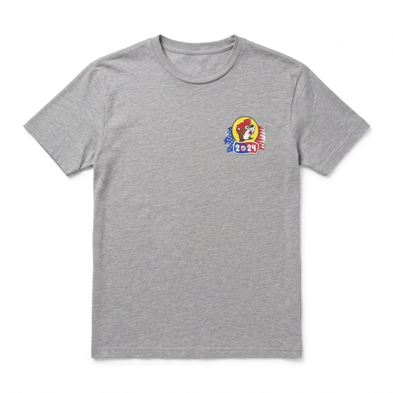 Buc-ee’s Party 2024 Election Shirt in heather gray with small left-chest beaver logo and red, white, and blue 2024 badge