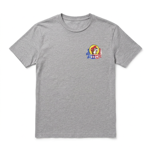 Buc-ee’s Party 2024 Election Shirt in heather gray with small left-chest beaver logo and red, white, and blue 2024 badge
