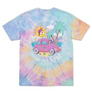 Back of Buc-ee’s pastel tie-dye shirt with beaver driving a pink car on the beach and My Favorite Days Are Buc-ee’s Days text