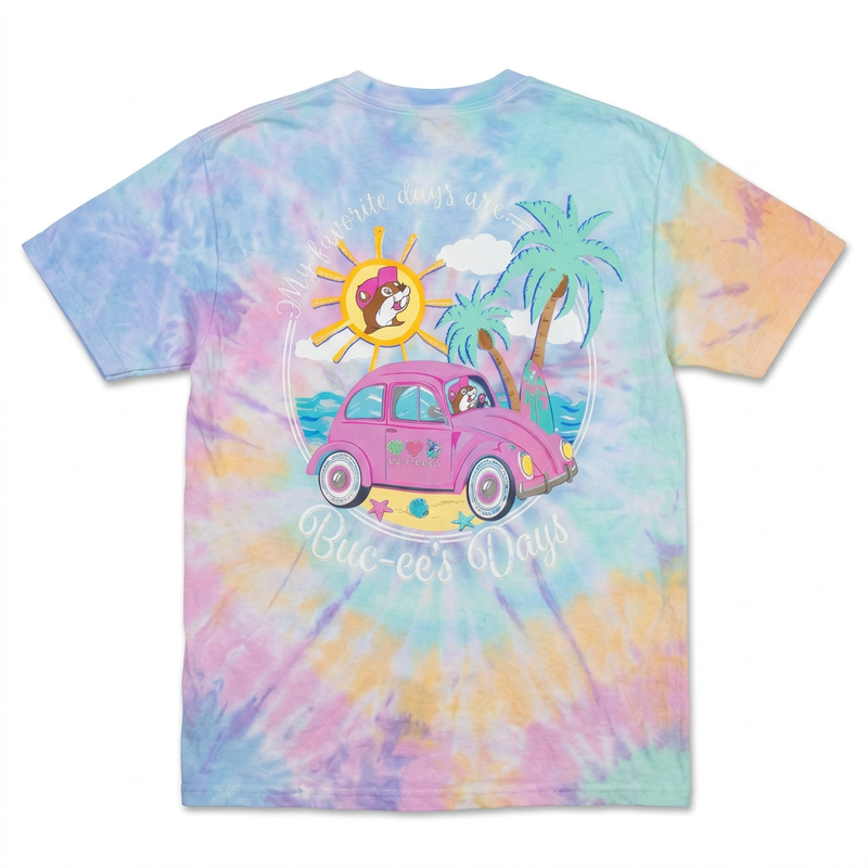 Back of Buc-ee’s pastel tie-dye shirt with beaver driving a pink car on the beach and My Favorite Days Are Buc-ee’s Days text