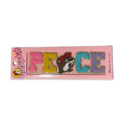 Buc-ee’s Peace sticker patch in bright chenille letters with gold glitter trim and a beaver as the A, on a pink card