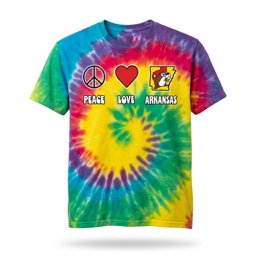 Buc-ee’s rainbow tie-dye t-shirt with a peace sign, heart, and beaver in an Arkansas outline above “Peace Love Arkansas”