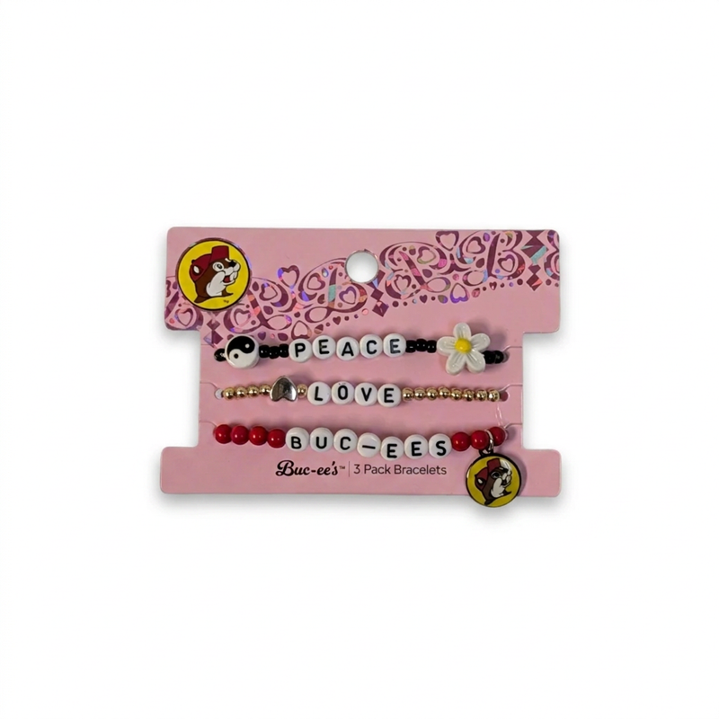 Buc-ee's Peace Love Buc-ees 3-pack bracelets with black, gold and red beads, a yin-yang, daisy and Buc-ee charm