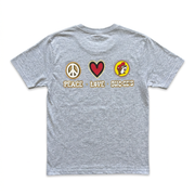 Back of Buc-ee’s Peace Love Buc-ee’s shirt in heather gray with peace sign, red heart, and beaver logo icons