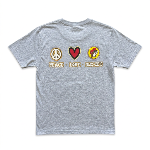 Back of Buc-ee’s Peace Love Buc-ee’s shirt in heather gray with peace sign, red heart, and beaver logo icons