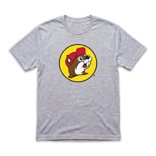 Front of Buc-ee’s Peace Love Buc-ee’s shirt in heather gray with classic yellow-circle beaver logo