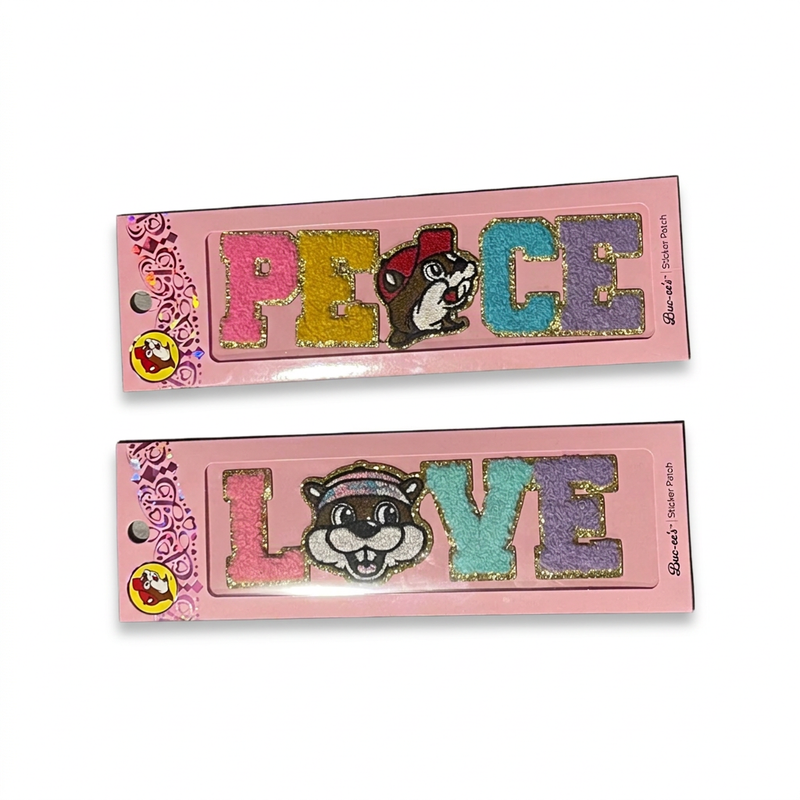 Buc-ee’s sticker patches in Peace and Love chenille letters with gold glitter trim and beaver faces
