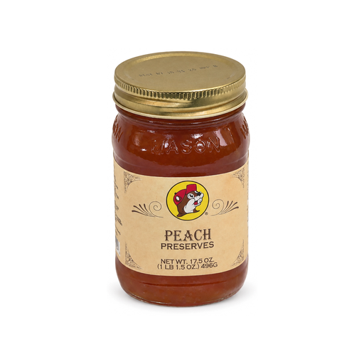 Buc-ee's Peach Preserves in a 17.5 oz mason jar, a golden peach spread for biscuits, pancakes and Southern breakfasts