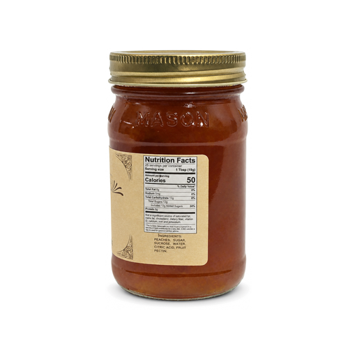 Back of Buc-ee's Peach Preserves jar with nutrition facts and ingredients, peaches listed as the first ingredient