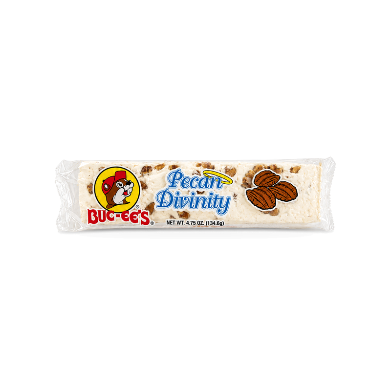 Buc-ee's Pecan Divinity candy bar, 4.75 oz, white divinity studded with chopped pecans in a clear plastic wrapper