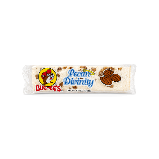 Buc-ee's Pecan Divinity candy bar, 4.75 oz, white divinity studded with chopped pecans in a clear plastic wrapper