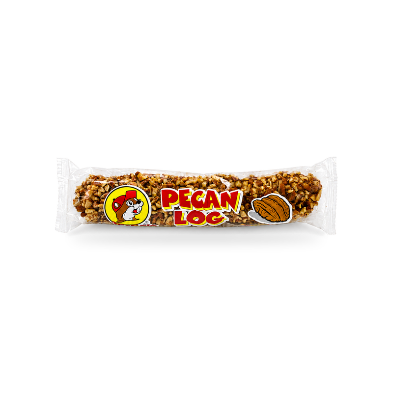 Buc-ee's Pecan Log, covered in chopped pecans and sealed in a clear plastic wrapper, a Texas favorite treat