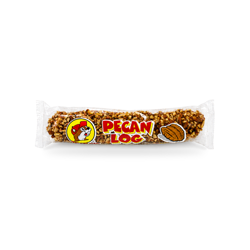 Buc-ee's Pecan Log, covered in chopped pecans and sealed in a clear plastic wrapper, a Texas favorite treat