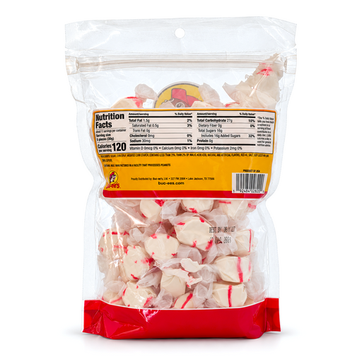 Back of Buc-ee’s Peppermint Salt Water Taffy bag showing nutrition facts, 120 calories per 5-piece serving, and ingredients