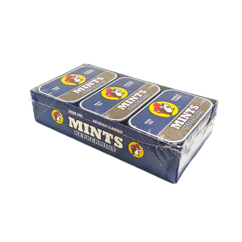 Buc-ee’s Peppermint Mints, sugar free and naturally flavored, in a shrink-wrapped display tray of 6 navy blue tins